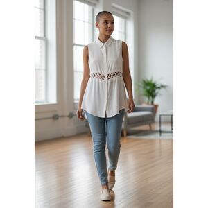 Lucca Couture White Sleeveless Button-Front Blouse w/ Lattice Waist | Size S